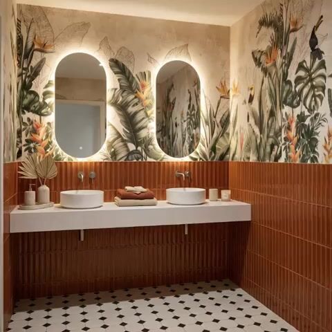 Eclectic Bathroom Walkthrough with terracotta fluted wall tiles, tropical floral wallpaper, and black-and-white geometric floor tiles