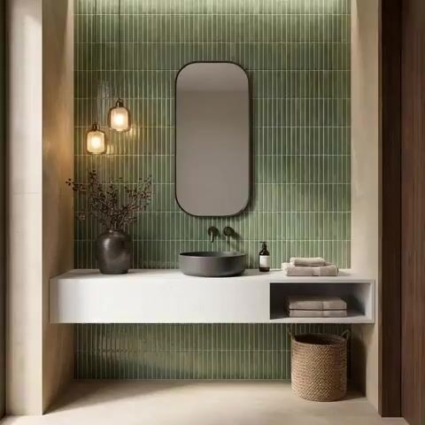 Modern bathroom walkthrough with green kitkat wall tiles and white quartz floating vanity