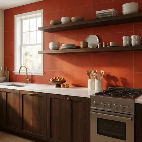 Modern kitchen walkthrough with terracotta wall tiles, walnut wood laminate cabinets, and white quartz countertop