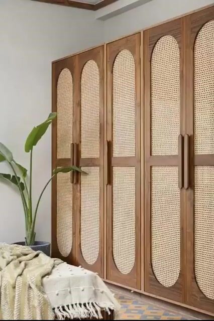 Mid-century modern wardrobe with natural cane and walnut wood finish | Material Depot