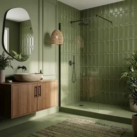Scandinavian bathroom walkthrough with sage green 3D wall tiles and wood vanity