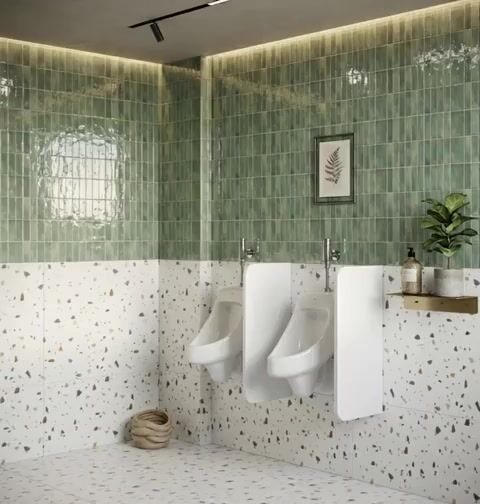 Modern Bathroom Walkthrough with green kitkat wall tiles and terrazzo wall and floor tiles