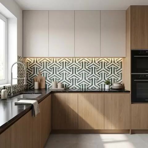 Modern kitchen walkthrough with geometric green and white backsplash tile, light oak laminate, and black marble countertop