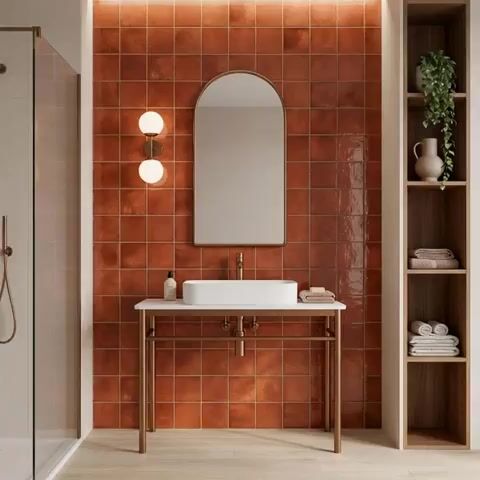 Modern bathroom walkthrough with terracotta glossy wall tiles and light wood floor tiles