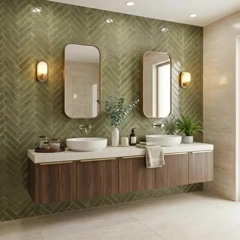 Modern bathroom walkthrough with olive green herringbone wall tiles and walnut wood laminate floating vanity