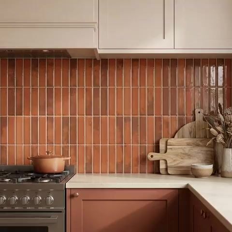 Modern kitchen walkthrough with terracotta kitkat wall tiles and matte beige laminate cabinets