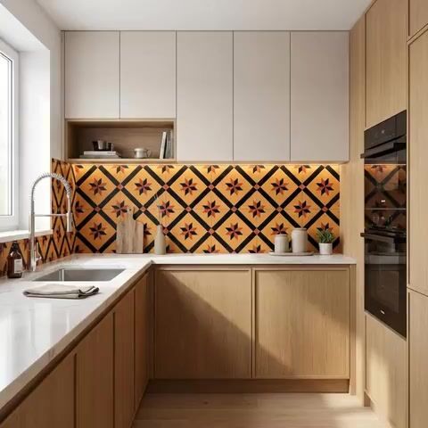 Modern kitchen walkthrough with oak wood laminate, white marble countertop, and geometric patterned backsplash tiles
