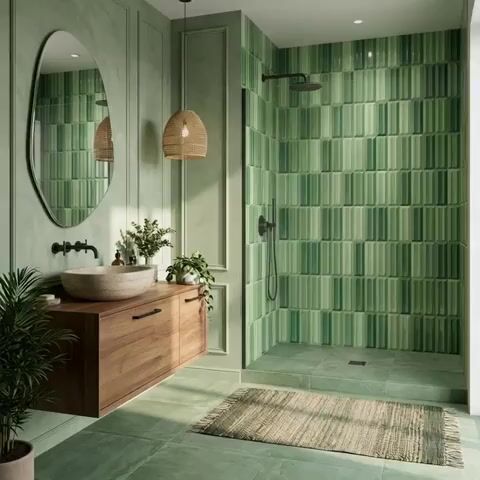 Modern bathroom walkthrough with green kitkat wall tiles, matte green floor tiles, and walnut floating vanity