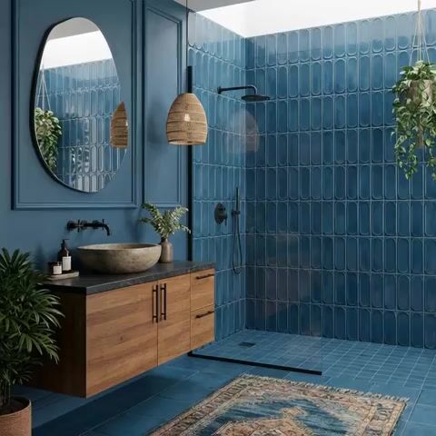 Modern bathroom walkthrough with blue elongated subway wall tiles, wooden floating vanity, and matte black fixtures