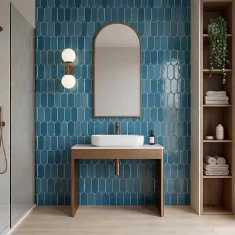 Modern bathroom walkthrough with blue fishscale wall tiles and light wood vanity
