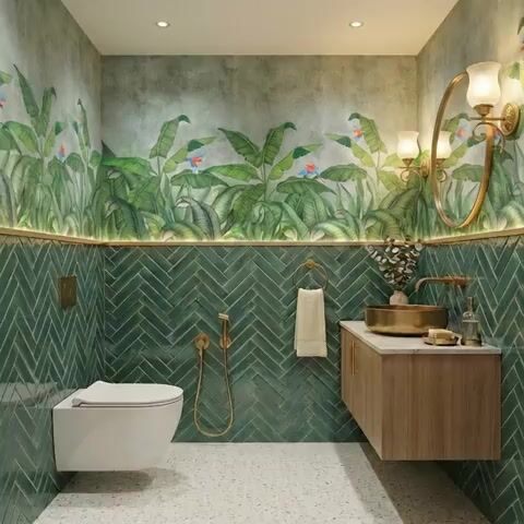 Eclectic bathroom with tropical wallpaper, green herringbone wall tiles, terrazzo floor, and wooden vanity