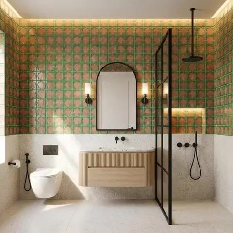 Modern bathroom walkthrough with green and terracotta moroccan wall tiles, terrazzo floor, and fluted wood vanity
