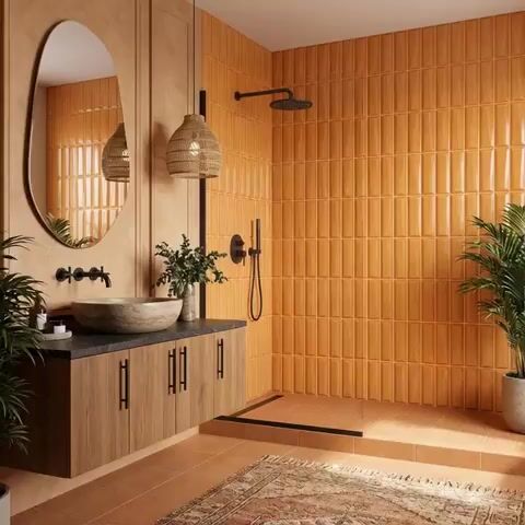 Scandinavian bathroom walkthrough with terracotta kitkat wall tiles and wood laminate vanity
