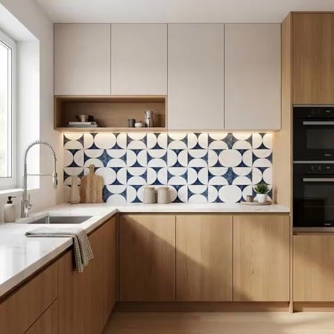 Scandinavian kitchen walkthrough with oak wood laminate, white quartz countertop, and blue geometric backsplash tiles