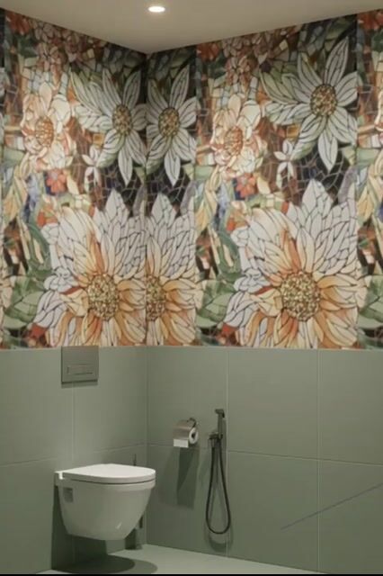 Modern Bathroom Walkthrough with floral mosaic highlighter wall tile and sage green plain wall tiles