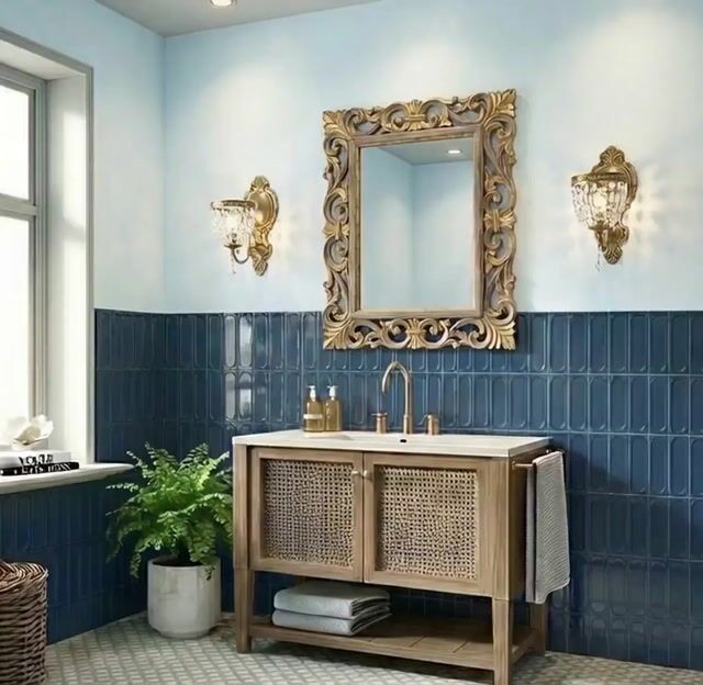 Traditional bathroom with blue glossy subway wall tiles, cane vanity, and gold ornate mirror