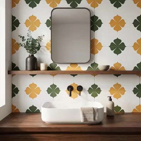 Modern bathroom walkthrough with green and mustard patterned wall tiles and walnut wood countertop