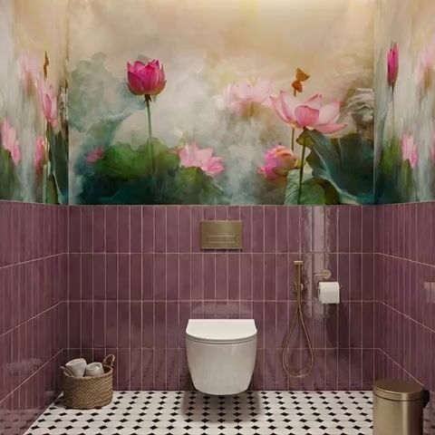 Eclectic bathroom with mauve vertical subway wall tiles, floral wallpaper, and black-and-white geometric floor tiles