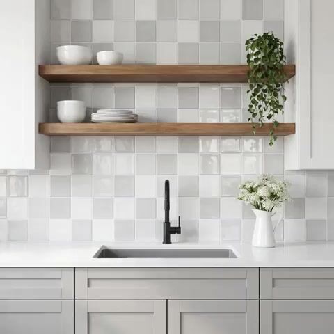 Scandinavian kitchen walkthrough with white square wall tiles, white quartz countertop, and natural wood open shelves