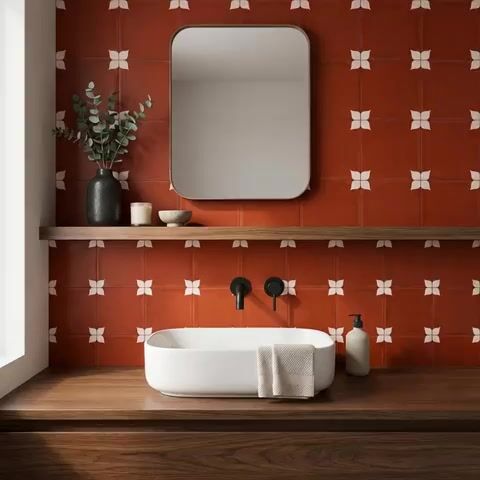 Modern bathroom walkthrough with terracotta patterned wall tiles and walnut wood vanity