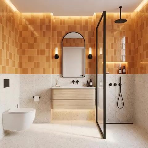 Modern bathroom walkthrough with terracotta subway wall tiles and terrazzo floor and wall tiles