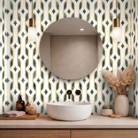 Modern bathroom walkthrough with geometric patterned Tiles and light wood vanity