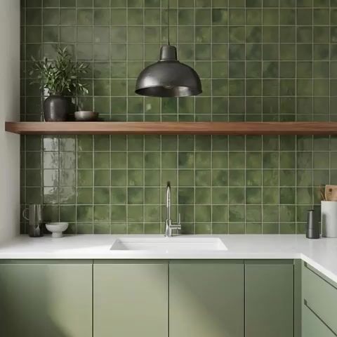 Modern kitchen walkthrough with sage green laminate cabinets, white quartz countertop, and olive green square wall tiles