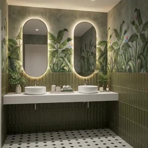 Modern Bathroom Walkthrough with tropical wallpaper, olive green kitkat wall tiles, and black-and-white geometric floor tiles