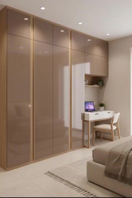 Modern bedroom with cappuccino high gloss laminate wardrobe and oak wood accents in Bengaluru