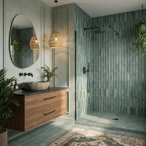 Scandinavian bathroom walkthrough with green vertical subway wall tiles and wooden floating vanity