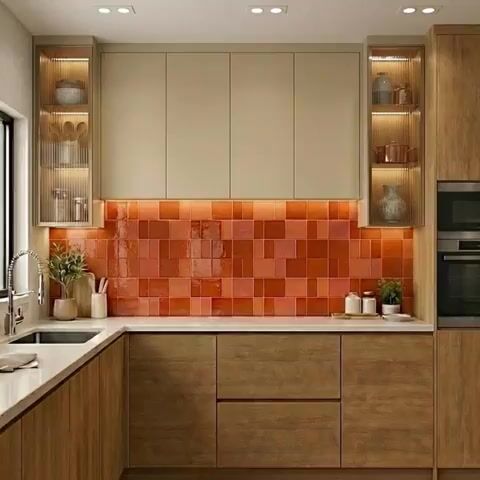 Modern kitchen walkthrough with terracotta square backsplash tile, light beige laminate, and oak wood laminate base cabinets