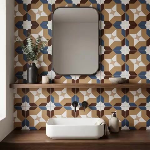 Modern bathroom walkthrough with geometric patterned wall tiles and walnut wood countertop