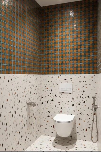 Eclectic Bathroom Walkthrough with orange geometric wall tiles and terrazzo wall and floor tiles