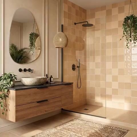 Scandinavian bathroom walkthrough with beige square wall tiles, wooden vanity, and stone countertop