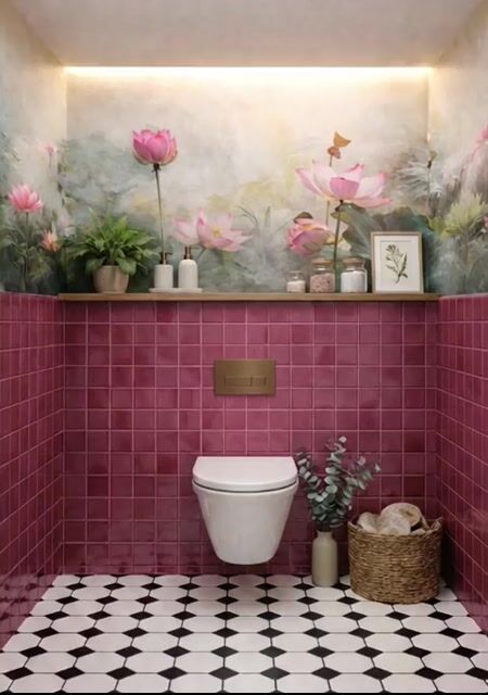 Eclectic Bathroom Walkthrough with pink square wall tiles, floral mural wallpaper, and black-and-white geometric floor tiles