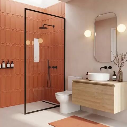 Minimalist bathroom walkthrough with terracotta fluted wall tiles and light oak floating vanity