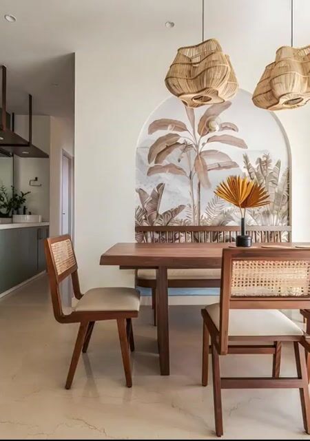 Tropical Earth-Toned Dining Nook With Arch Mural And Rattan Accents | Material Depot