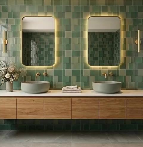 Modern bathroom walkthrough with green square wall tiles, floating wood vanity, and matte stone basins