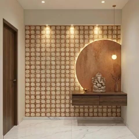 Modern pooja room with patterned wallpaper, textured accent wall, and walnut wood laminate floating unit