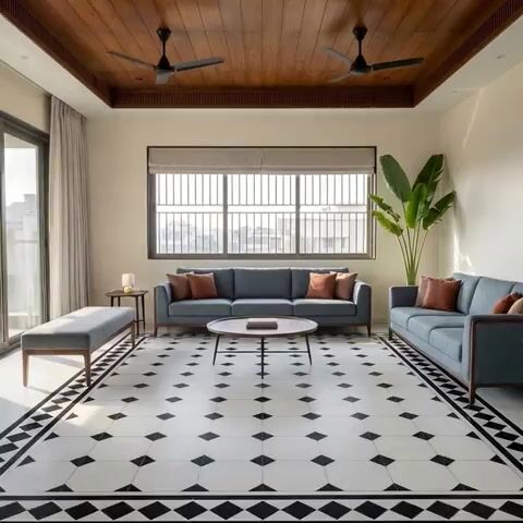 Modern living room with wooden ceiling and black-and-white geometric patterned floor tiles