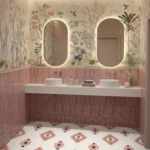 Eclectic Bathroom Walkthrough with pink hexagonal wall tiles, nature-themed wallpaper, and patterned floor tiles