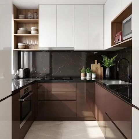 Modern kitchen with glossy brown laminate, white laminate, and black marble backsplash