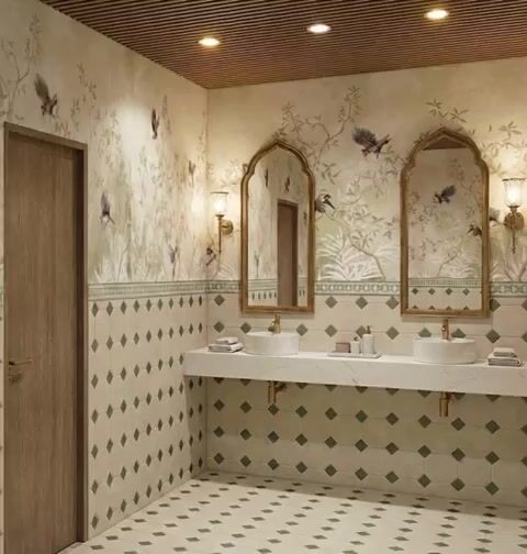 Vintage Floral Wallpaper Bathroom Walkthrough with Sage Diamond Tiles and Arched Mirrors