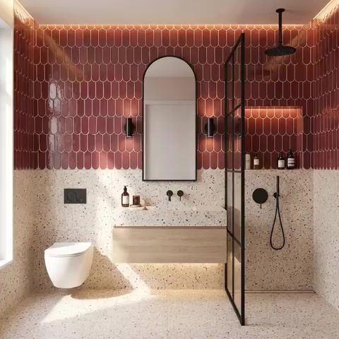 Modern bathroom walkthrough with terracotta fishscale wall tiles and terrazzo floor and wall tiles