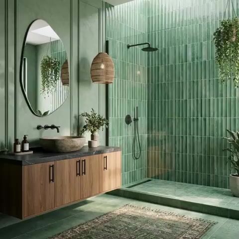 Modern bathroom walkthrough with green kitkat wall tiles, wooden floating vanity, and stone basin