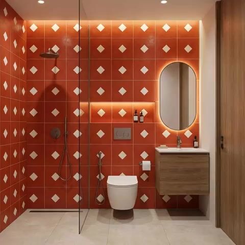 Modern bathroom walkthrough with terracotta geometric wall tiles and wood laminate vanity
