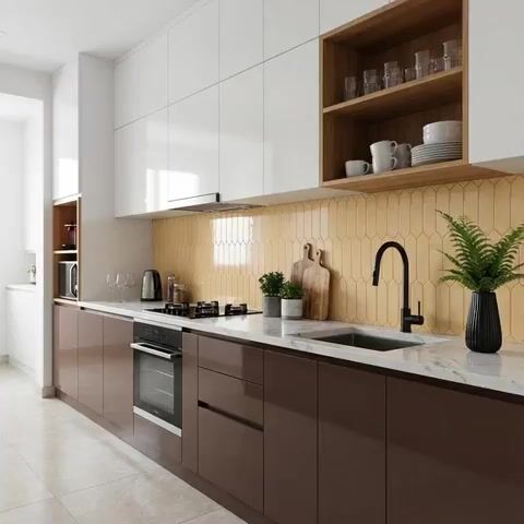 Modern dual tone kitchen with glossy brown and white laminate, quartz countertop, and yellow geometric backsplash tile
