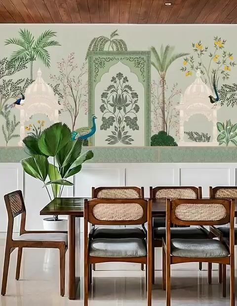 Art Deco dining room with Indian chinoiserie wallpaper, wooden dining set, and cane back chairs of 3 BHK apartment in Jana Jeeva orchid KR puram Bengaluru