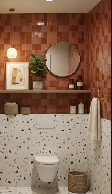 Modern Bathroom Walkthrough with terracotta glazed wall tiles and terrazzo wall and floor tiles
