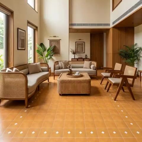 Scandinavian living room with cane furniture, warm terracotta patterned floor tiles, and wood wall paneling